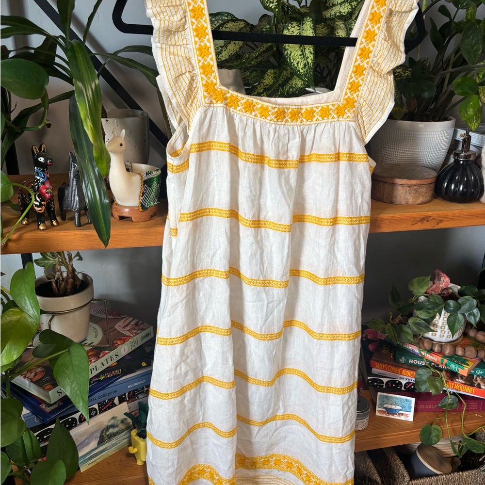 Tory Burch Embroidered Yellow and White Ruffle Sleeveless Linen Dress | XS